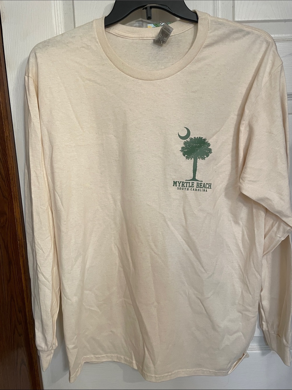Gildan Cream Long-Sleeve Tee with Green Palm & Crescent Graphic
